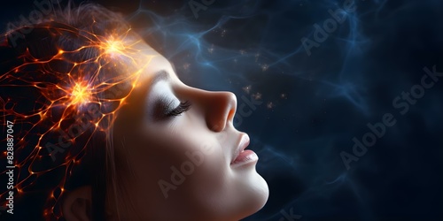 Individual with a highlighted pineal gland tumor facing sleep and vision challenges. Concept Pineal gland tumor, sleep disturbances, vision problems, individual health concerns photo