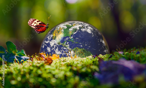 Protect our Green Earth concept with shielded planet surrounded by nature. Planet earth used with permission from NASA. 