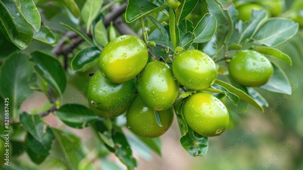 Fruit of the jujube tree with a green color growing in the garden Fruit of the jujube tree with a green color growing in the garden