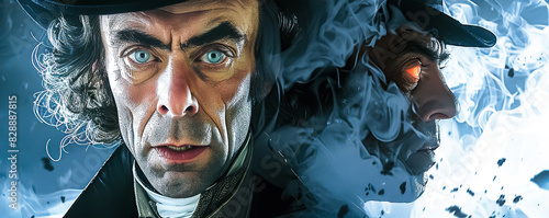 A dramatic portrait of a respectable Victorian gentleman, demonstrating the deep conflict and duality within one man. Аllusion to Dr. Jekyll and Mr. Hyde