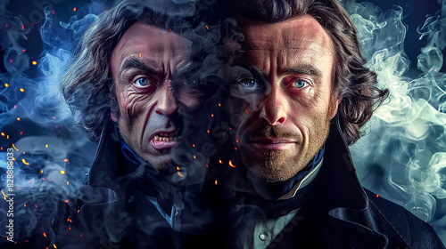 A dramatic portrait of a respectable Victorian gentleman, demonstrating the deep conflict and duality within one man. Аllusion to Dr. Jekyll and Mr. Hyde