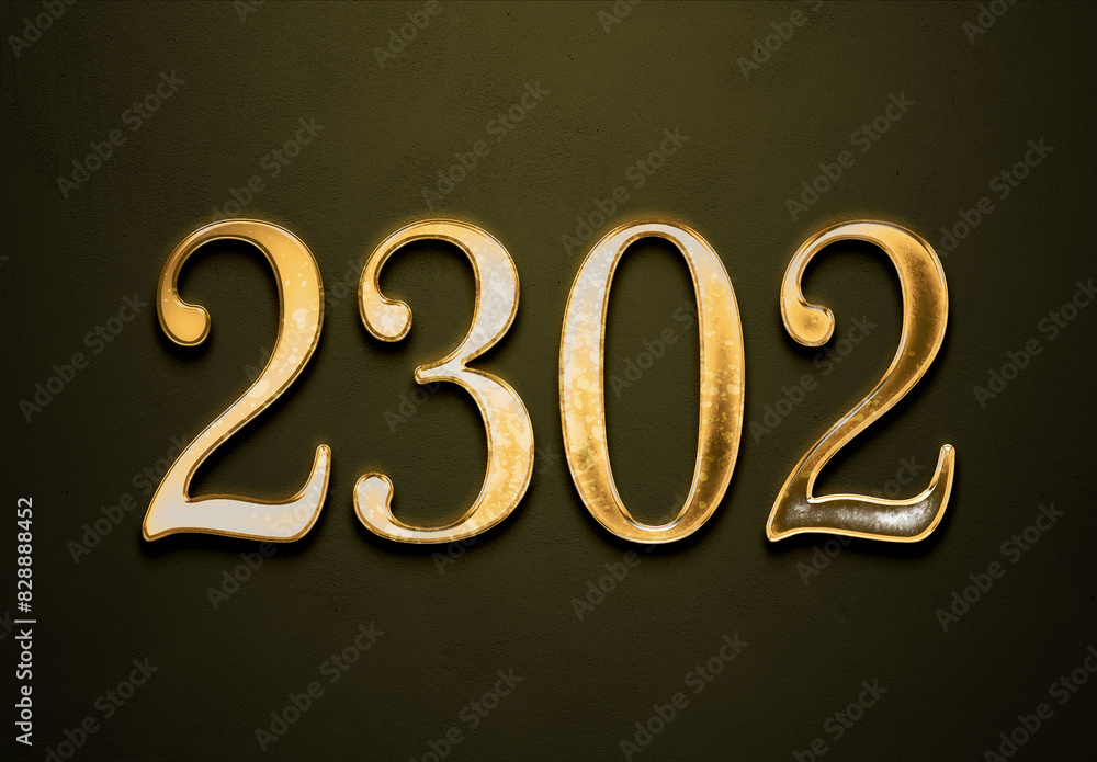 Old gold effect of 2302 number with 3D glossy style Mockup. Old gold effect of 2302 number with 3D glossy style Mockup.