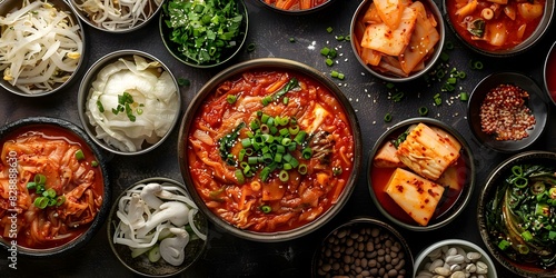 Photo of assorted kimchi dishes offers a flavorful Korean culinary experience. Concept Food Photography, Korean Cuisine, Kimchi Varieties, Culinary Presentation, Flavorful Dishes