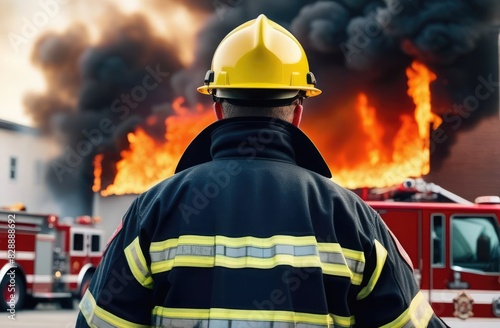 Rear view of a firefighter in uniform with a fire and fire trucks in the background.