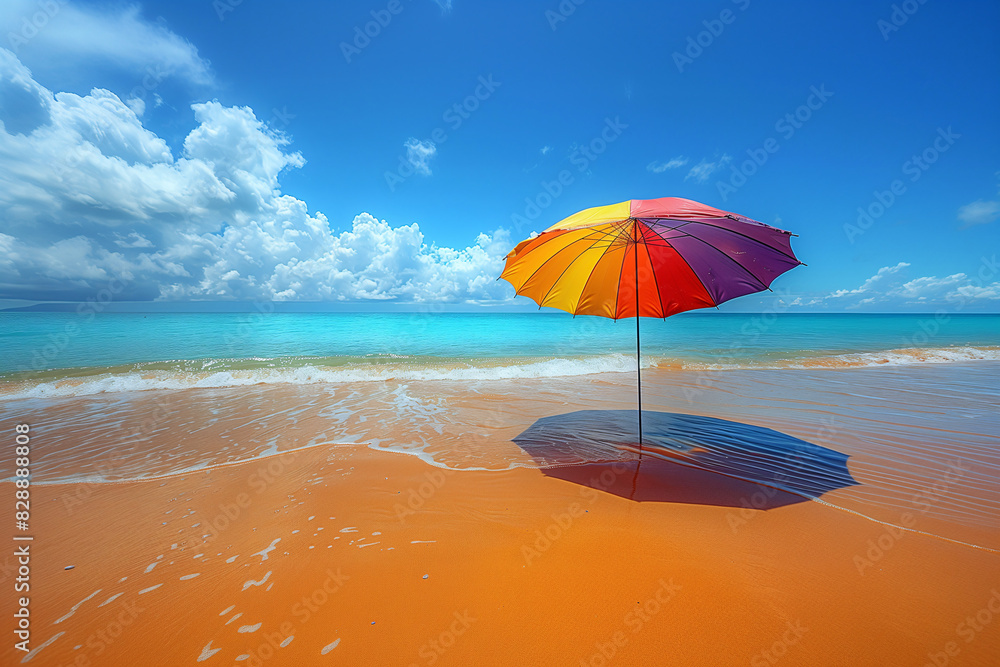Landscape of colorful umbrella rests on sandy beach