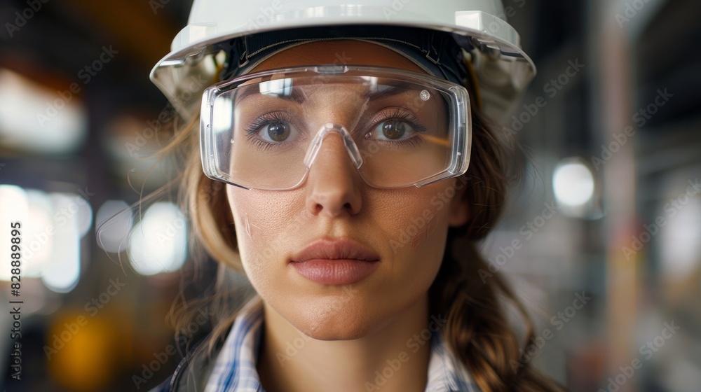 Woman worker wearing safety glasses.