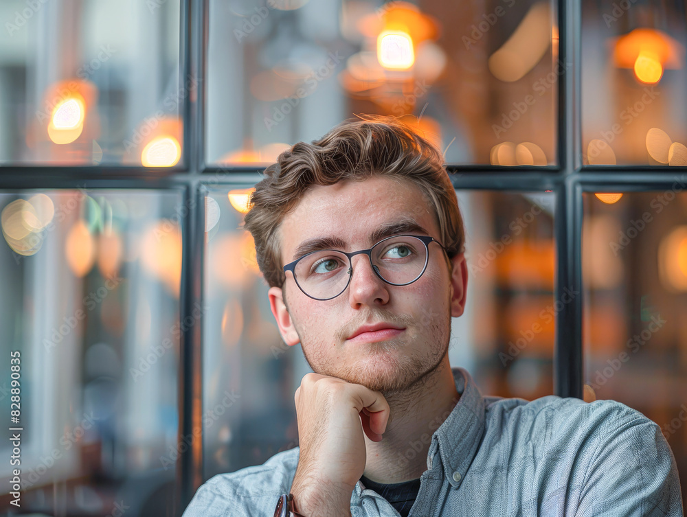 Contemplative young professional in a casual shirt, chin rested on his hand, lost in thought. Contemplative young professional in a casual shirt, chin rested on his hand, lost in thought.