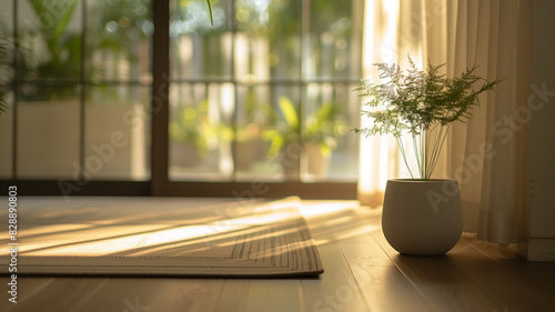 Photo of a cozy home interior with minimalist decor and natural light streaming through large windows  creating a serene and inviting atmosphere