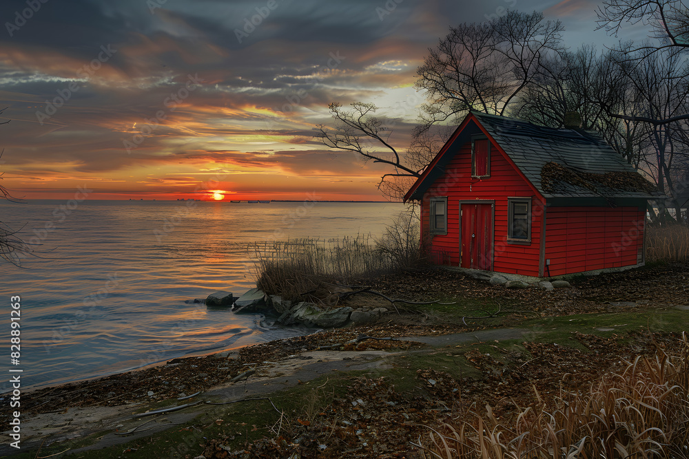 Amanecer en el mar con una casita roja en la orilla. Amanecer en el mar con una casita roja en la orilla.