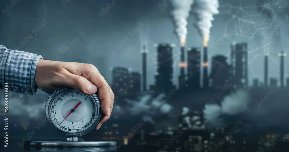 A hand adjusting a dial to lower carbon emissions, capturing the ...