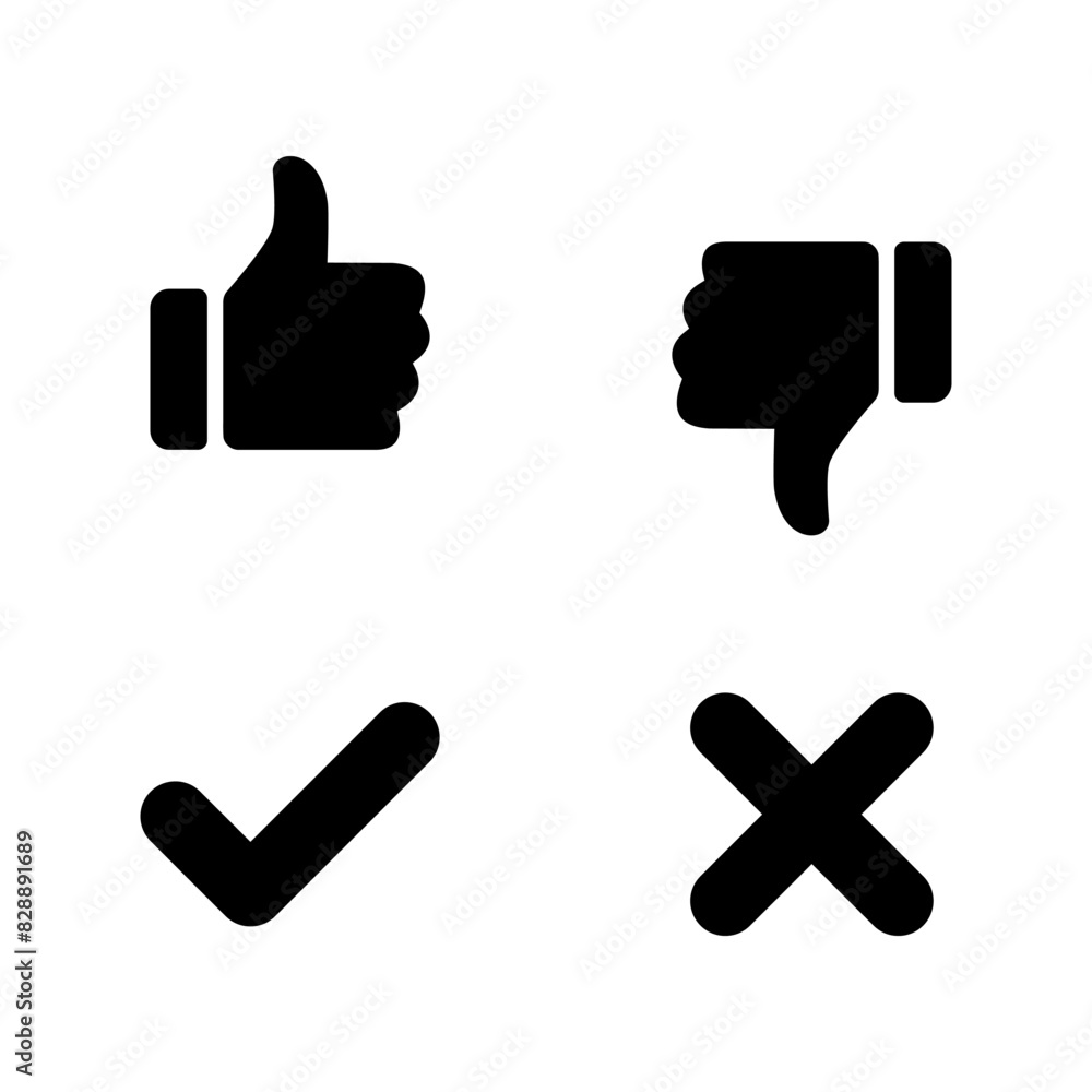 Thumb up down, tick, and cross icon. Like, dislike, checkmark, and x mark concept Thumb up down, tick, and cross icon. Like, dislike, checkmark, and x mark concept