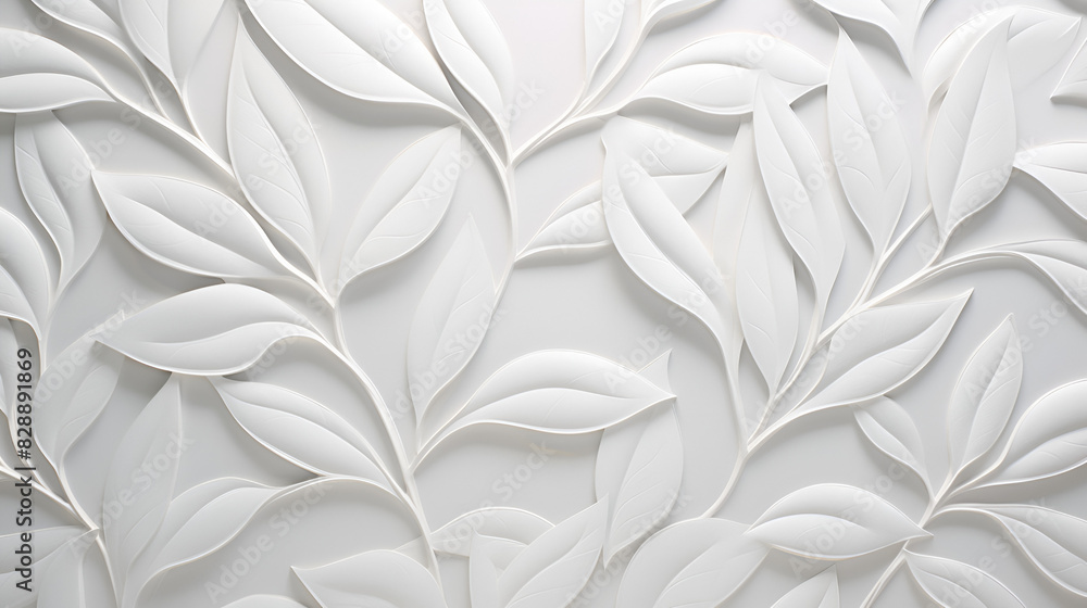 Intricate White Leaf Wall Pattern, Elegant White Leaf Design on Wall, Seamless white background with abstract leaf and petal relief pattern, paper-like texture Intricate White Leaf Wall Pattern, Elegant White Leaf Design on Wall, Seamless white background with abstract leaf and petal relief pattern, paper-like texture
