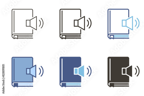 Book with audio speaker icon. Online audiobook digital listening and learning vector graphic elements