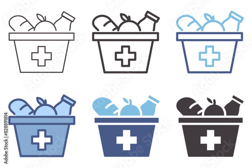 Charity food and groceries aid donation box icon with cross. Vector graphic elements for solidarity, community assistance and care