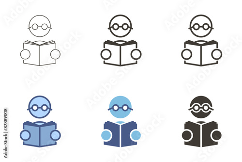 Person with glasses holding and reading book icon. Education, studying, learning, library vector graphic elements