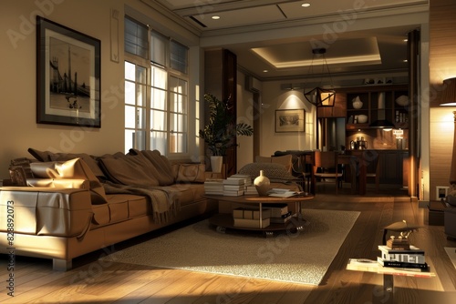 Modern 3d living room interior design with luxurious furniture and cozy atmosphere for sale