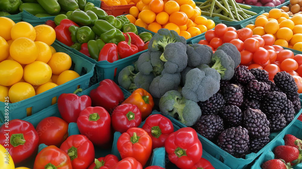 photograph of fresh fruits and vegetables arranged in a colorful display, with a focus on organic produce and healthy eating