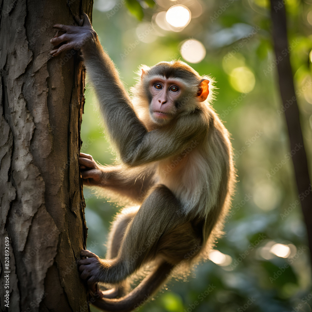 A monkey on a branch of a tree in the forest nature animal looked at camera with blurred background
A monkey on a branch of a tree in the forest nature animal looked at camera with blurred background