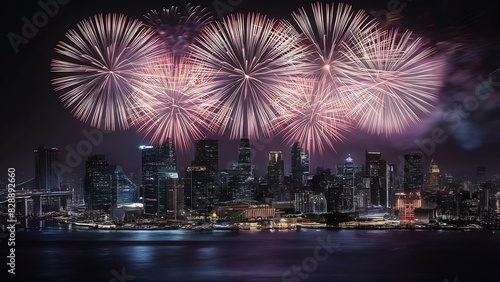 Fireworks Over the City, holiday background, bright colorful lights © ASGraphicsB24