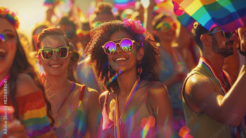 Obraz premium A diverse group of people, each wearing colorful rainbow accessories, gather together in a joyful parade. The scene is filled with smiling faces and lively energy, showcasing the spirit of unity and