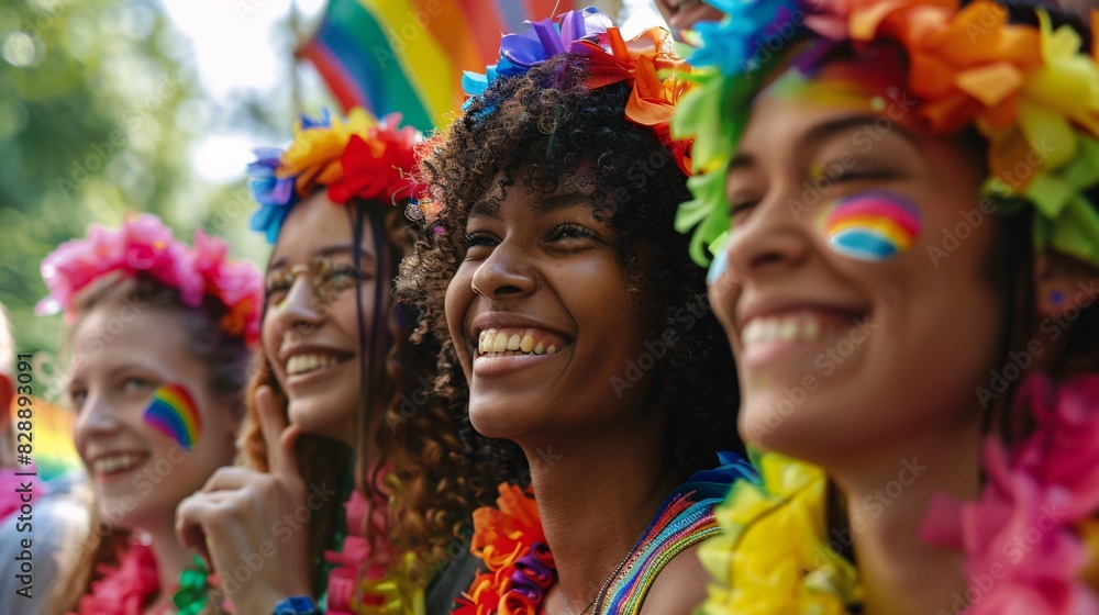 A diverse group of people, each wearing colorful rainbow accessories, gather together in a joyful parade. The scene is filled with smiling faces and lively energy, showcasing the spirit of unity and A diverse group of people, each wearing colorful rainbow accessories, gather together in a joyful parade. The scene is filled with smiling faces and lively energy, showcasing the spirit of unity and