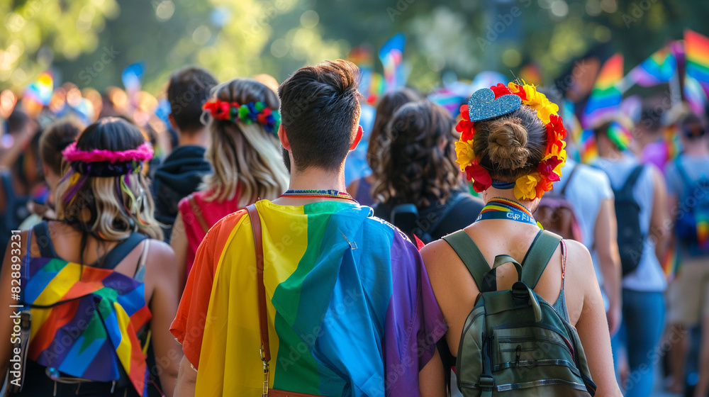Fototapeta premium Back view gay lesbian LGBT crowd people rainbow colors. Free gay walk city street. Culture festival