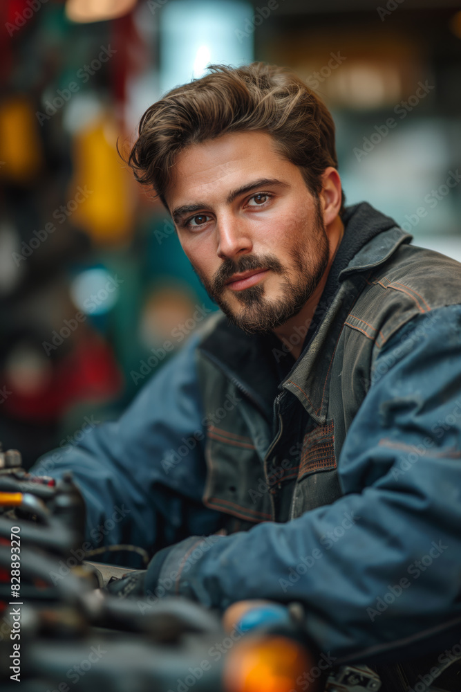 Automechaniker arbeitet in einer Autowerkstatt an einem Auto Automechaniker arbeitet in einer Autowerkstatt an einem Auto