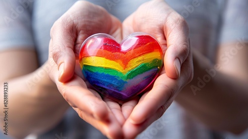 Wallpaper Mural A close-up shot of hands holding a rainbow heart, representing love and support for the LGBT community. The simple background emphasizes the strong, positive message of pride and equality. Torontodigital.ca