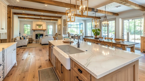 a beautiful traditional kitchen in new luxury home with hardwood floors, wood beams and large island quartz counters and farmhouse sink