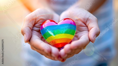Wallpaper Mural A close-up shot of hands holding a rainbow heart, representing love and support for the LGBT community. The simple background emphasizes the strong, positive message of pride and equality. Torontodigital.ca