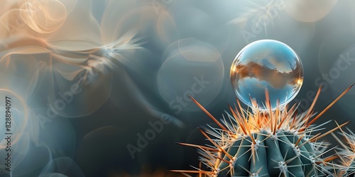 Soap bubble near cactus symbolizes risk danger and fragility on dark background. Concept Risk and Danger, Fragility, Soap Bubble, Cactus Symbol, Dark Background