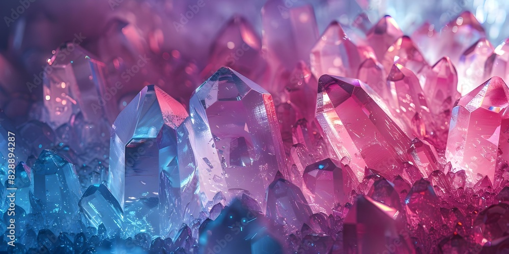 Abstract 3D crystal layers in soft pink and blue colors glowing and shimmering. Concept Abstract Art, 3D Design, Crystal Layers, Pink Color, Blue Color, Glowing Effect, Shimmering Texture