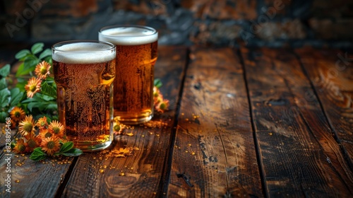 Two Glasses of Beer on a Wooden Table