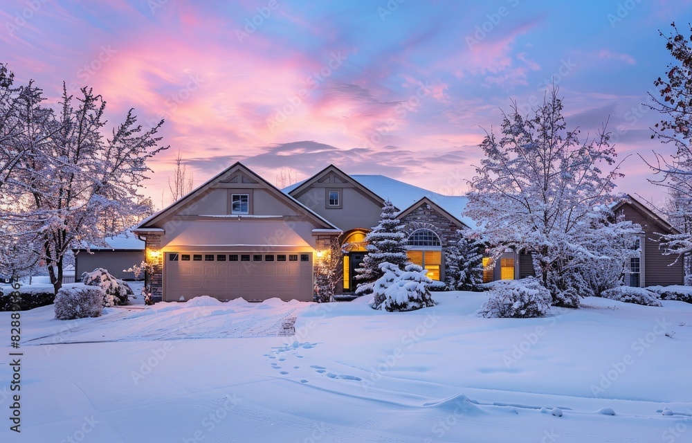 photo of a beautiful home in the snow, sunset, pink and blue sky, winter trees with white leaves, garage door lights on, front yard with fresh deep snow, wide angle