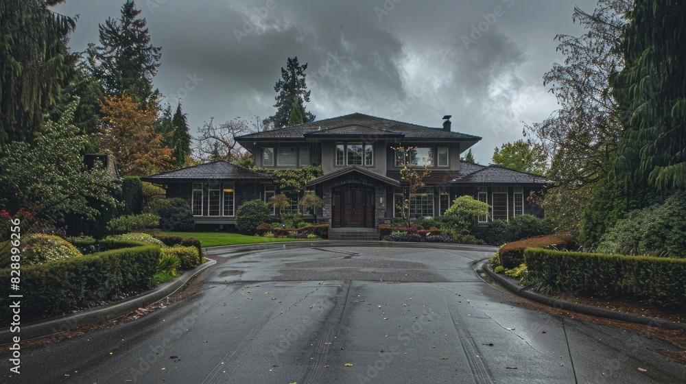 photo of a beautiful house with a driveway in Vancouver, British Columbia landscape and garden on a cloudy day, front view. The photo is