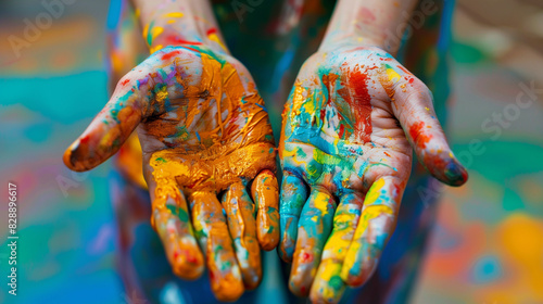 Hands covered with colorful paint symbolize the deep therapeutic process that art offers. Through painting and creating, people can express their feelings and emotions