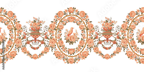 Baroque motif with frame of roses and bird, vector, seamless border