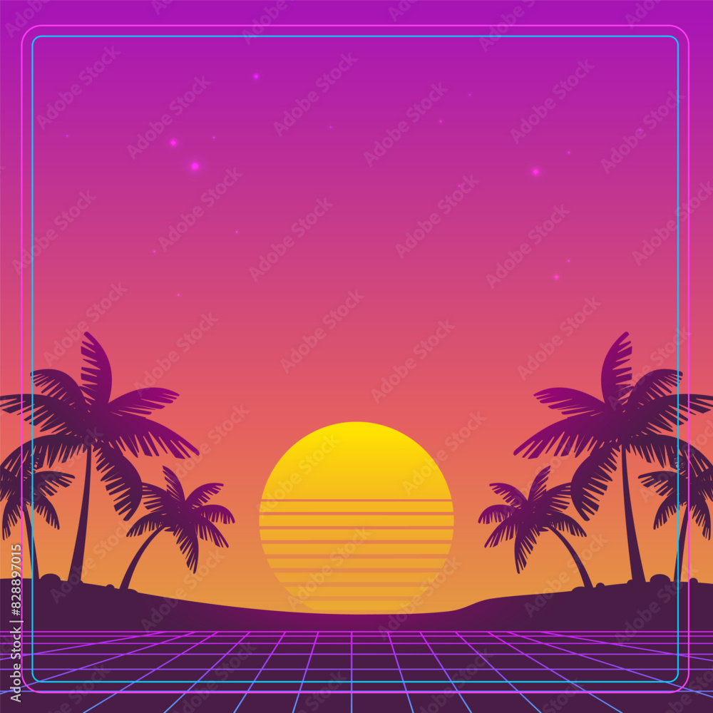Obraz premium Retrowave 80s-90s vintage sunset landscape with grid background of palms silhouette on the neon beach - editable vector flyer or banner dsgn with space for text