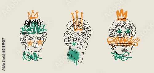 Street art graffiti crown tags on Greek antique statue head - contemporary art concept. Grunge Pop Art poster, interior painting, print design. Modern abstract artwork. Editable vector 