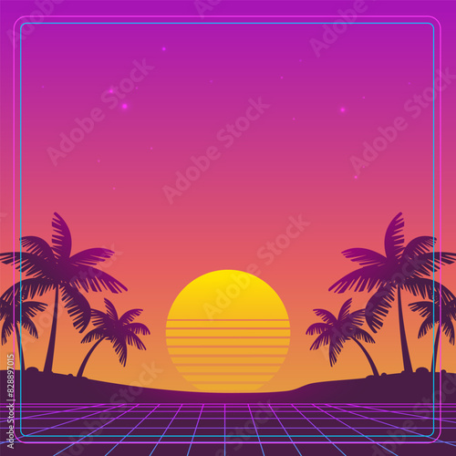 Retrowave 80s-90s vintage sunset landscape with  grid background of palms silhouette on the neon beach - editable vector flyer or banner dsgn with space for text