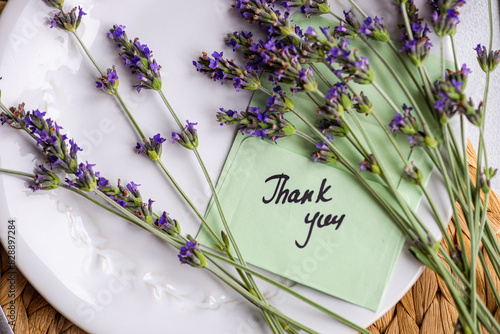 Elegant Summer Table Setting with Lavender and Thank You Note photo