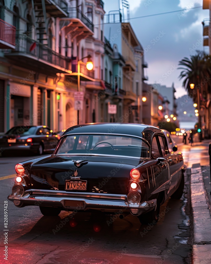 Vintage Classic Car in an Urban Setting at Sunset