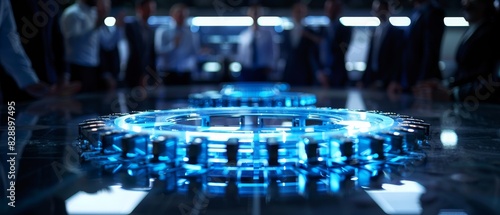 Engineer, Scientists and Developers Gathered Around Illuminated Conference Table 