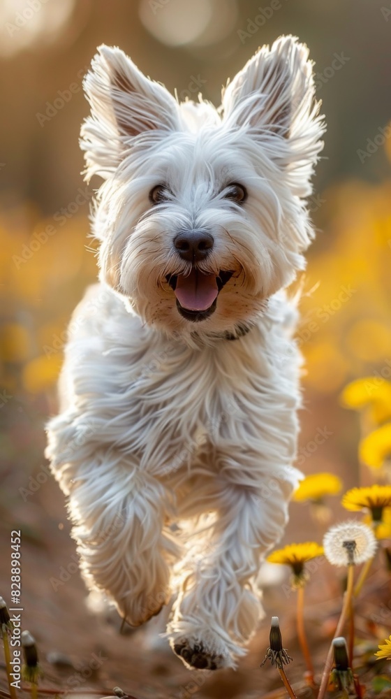 A small white dog runs joyfully through a field of dandelions, its fur catching the sunlight as it dashes around A small white dog runs joyfully through a field of dandelions, its fur catching the sunlight as it dashes around