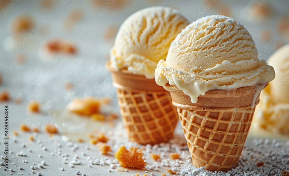 Vanilla mango ice cream cones with scoops of ice cream surrounded by mango and chocolate chips Vanilla mango ice cream cones with scoops of ice cream surrounded by mango and chocolate chips