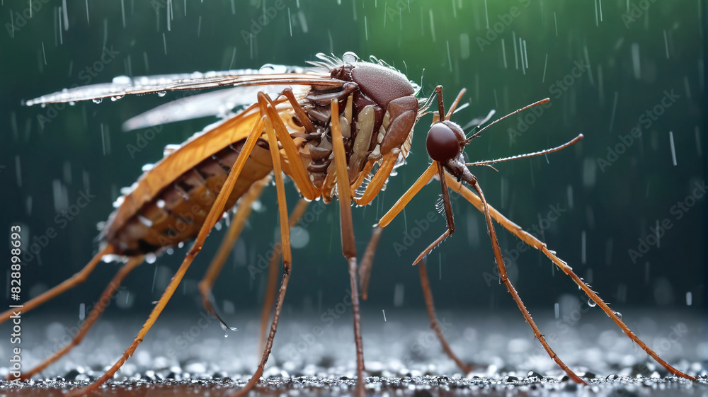 Fototapeta premium A mosquito standing in the rain, ideal for nature and weather concepts. Generative AI.