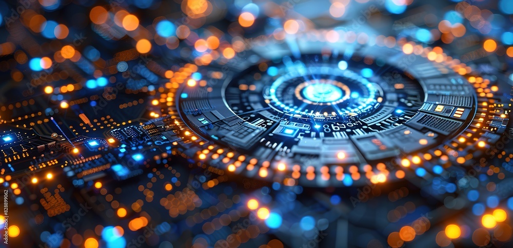 The technology-themed background is circular with flashing blue and orange lights
The technology-themed background is circular with flashing blue and orange lights