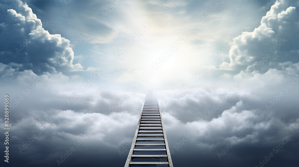 Ladder to heaven with rays of light and clouds.Peace, Journey, 