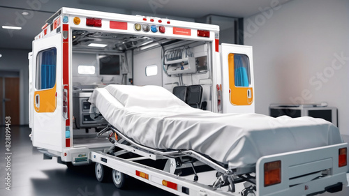 A medical ambulance with an empty bed inside, suitable for healthcare and emergency services concepts. Generative AI.