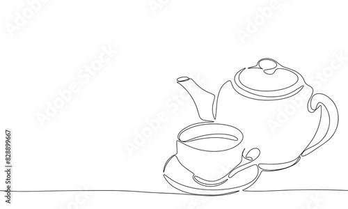 Teapot and cup of tea one line continuous. Tea cup and kettle line art. Hand drawn vector art.